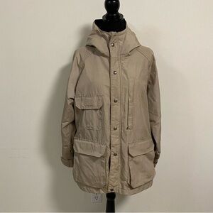 Woolrich Jacket Women’s Size Large Tan Barn Chore coat Hooded Purple Wool lining